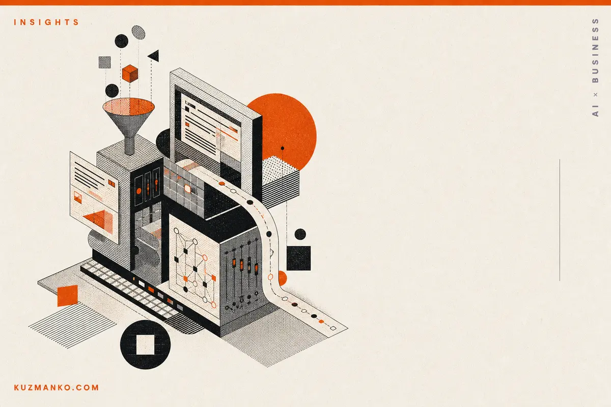 Editorial risograph illustration of a detailed modular AI agent blueprint with geometric blocks and connectors on a warm off-white background, designed as a premium Hebrew blog cover for AI consulting.