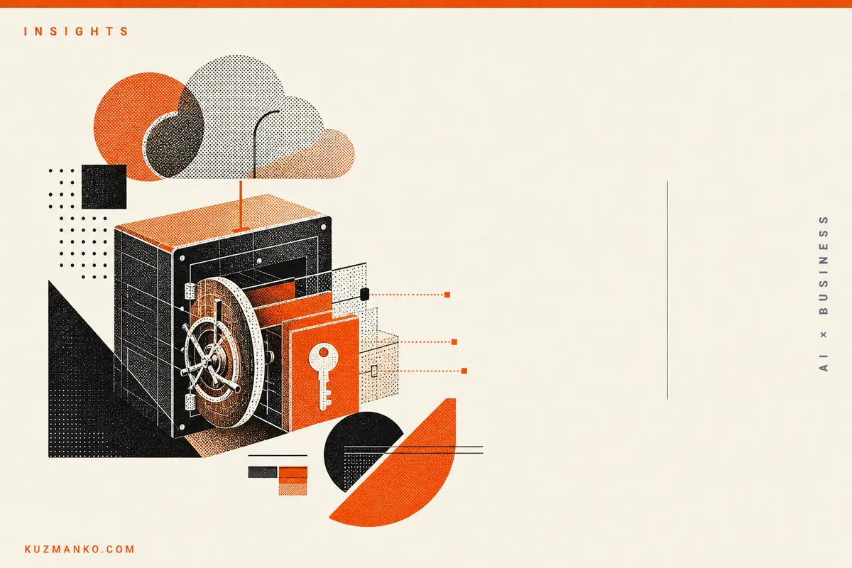 A premium editorial illustration of AI agent security in AWS, featuring an abstract locked vault and secret key management in a risograph modernist style.