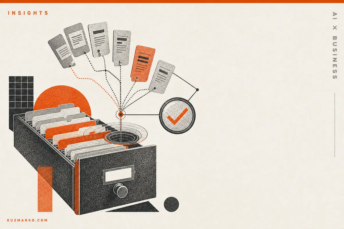 Abstract editorial illustration of a RAG AI enterprise information retrieval workflow, featuring a symbolic LLM decision gate with clean Bauhaus geometry and premium risograph texture.