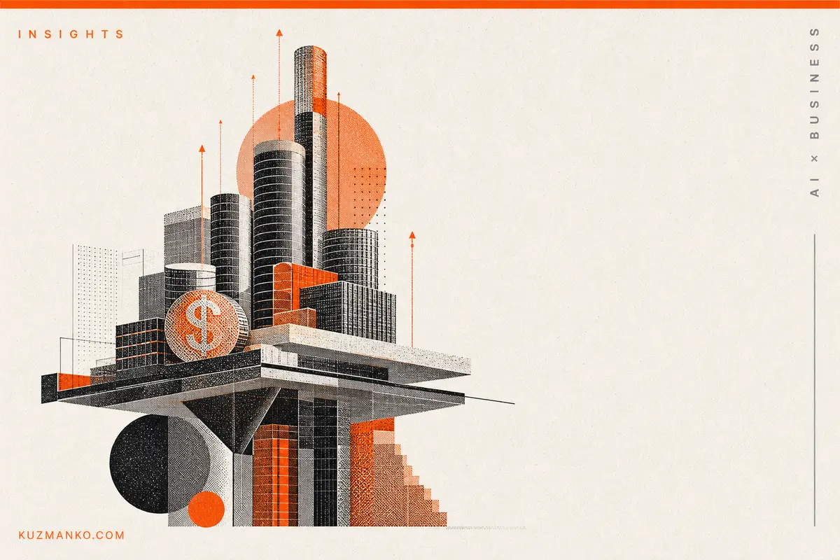 Editorial risograph-style blog cover with a geometric finance metaphor of four AI companies and rising IPO capital on a warm off-white background.