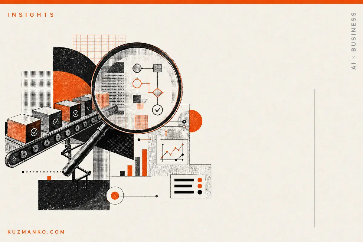 Editorial cover illustration of an AI agent testing workflow, with abstract geometric forms and risograph texture on a clean premium business consulting layout.