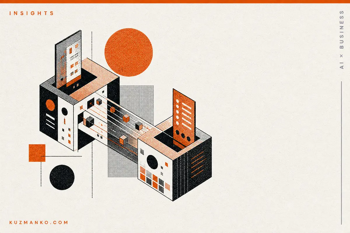 Editorial risograph-style illustration of next-generation AI agents as an intricate modular communication system, with bold geometric forms, halftone texture, and clean negative space for Hebrew blog text.