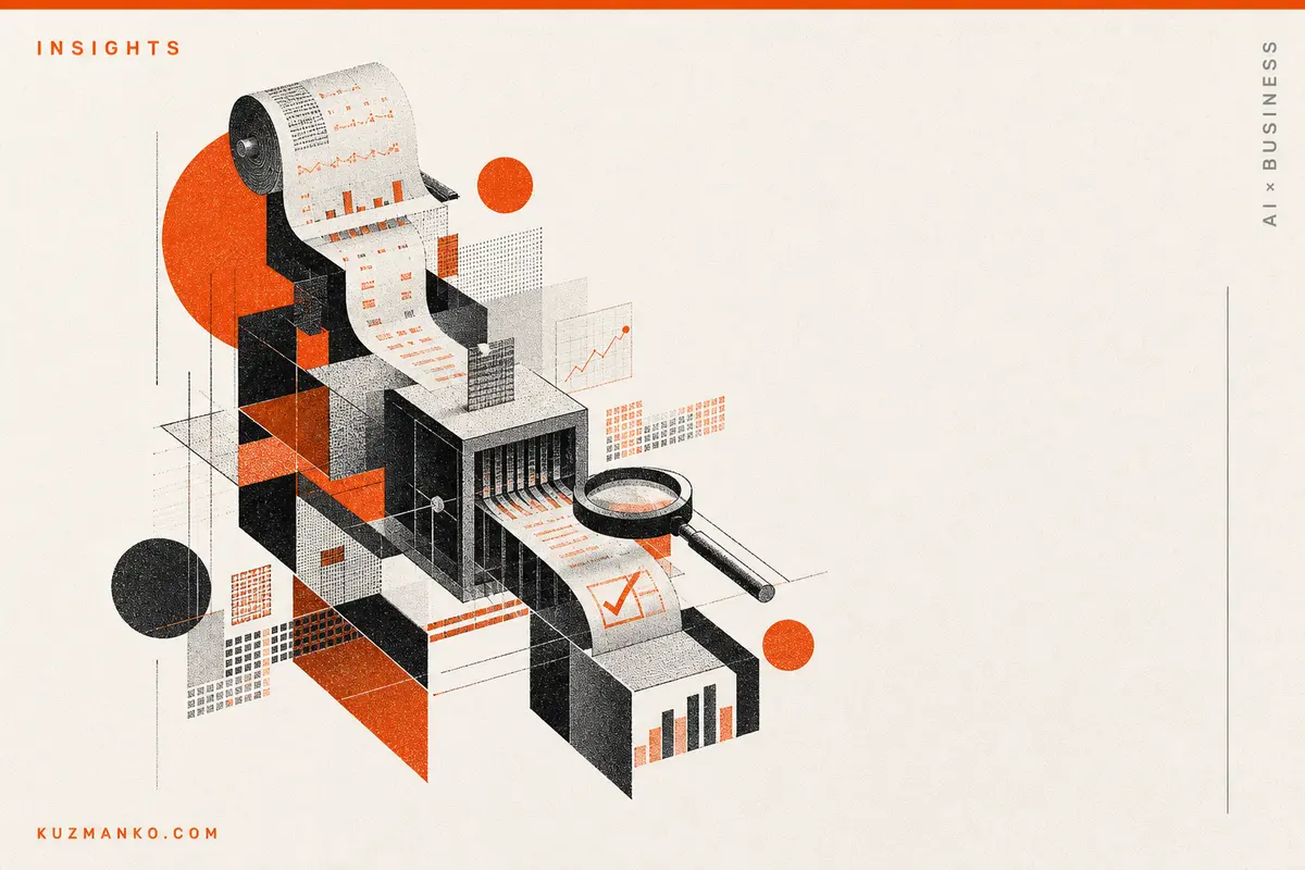 Abstract risograph illustration of self-improving AI tax automation with a geometric modular machine and editorial branding on a clean beige background.