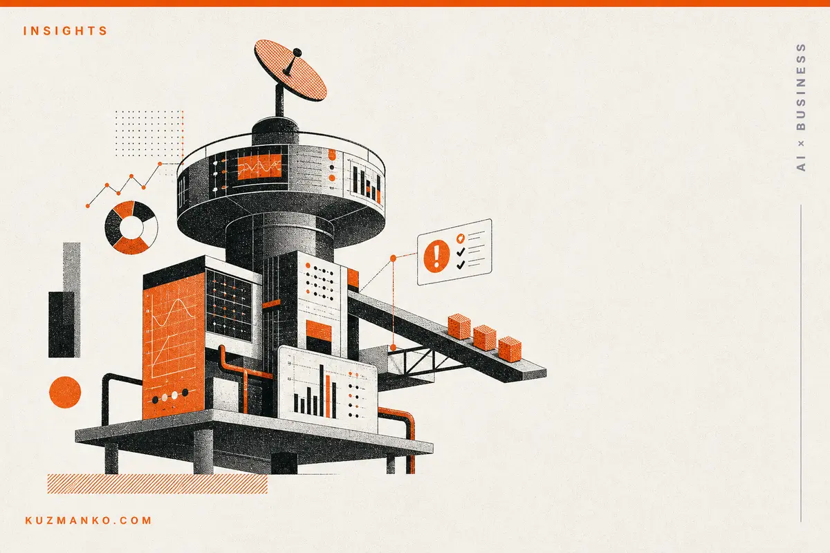 Minimalist editorial risograph illustration of an autonomous AI operations control system for enterprise AWS generative AI monitoring, with bold geometric forms and ample negative space.