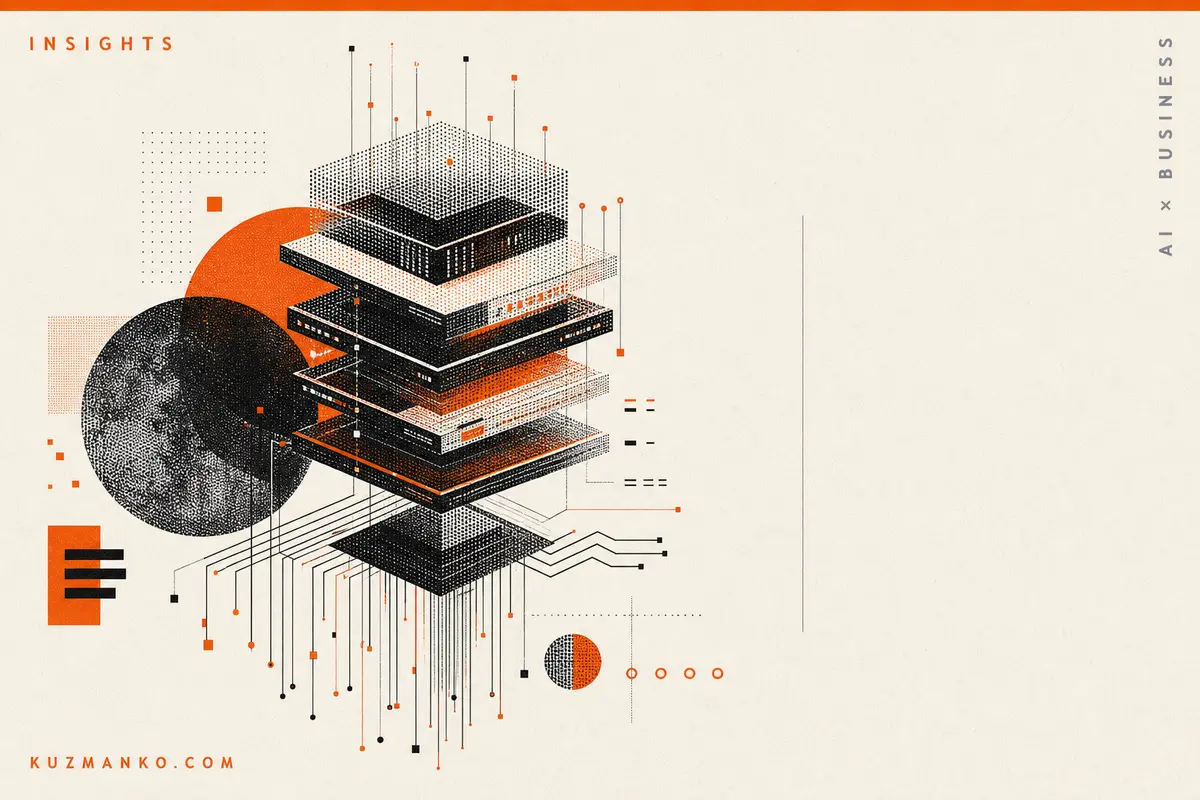 Editorial risograph illustration of an AI cloud infrastructure serverless system transitioning to autonomous AI agent traffic, with abstract geometric data shapes and ample space for Hebrew headline text.