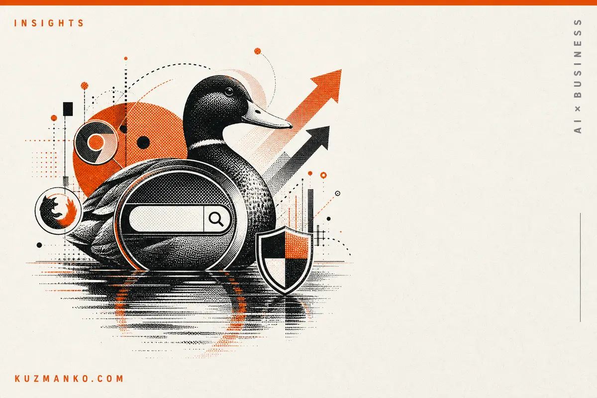 Editorial risograph-style blog cover illustrating DuckDuckGo’s no-AI search growth, with a privacy-focused browser extension concept in a clean premium layout.