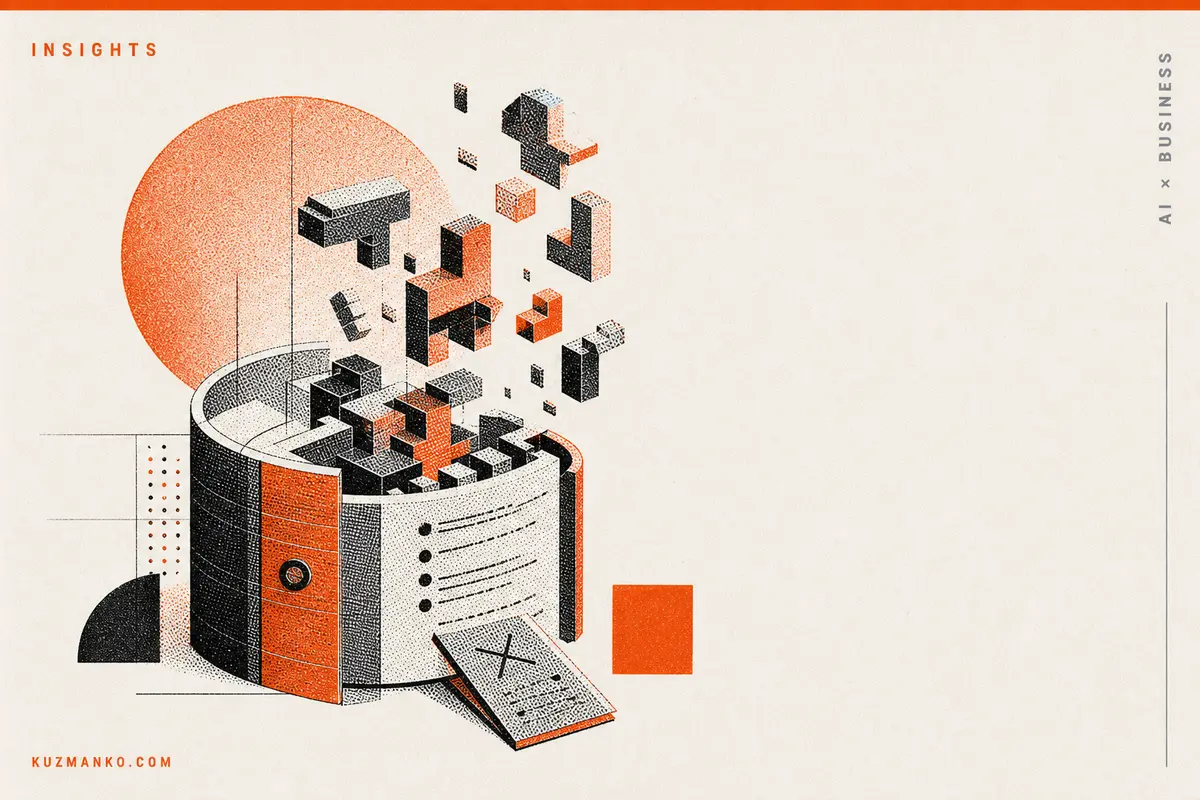 Editorial risograph cover illustration of an off-center fractured AI data pipeline and shifting JSON schema blocks, with orange and black Bauhaus geometry on a pale orange background, symbolizing silent production failures and business risk.