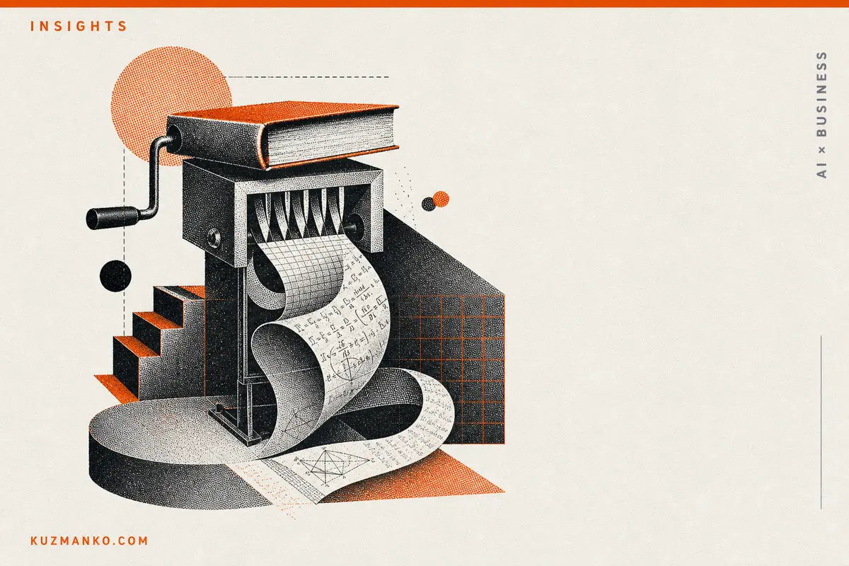 Editorial risograph illustration of an AI classroom with a geometric metaphor for cognitive overload, featuring a textured black-and-orange object on a warm off-white background.