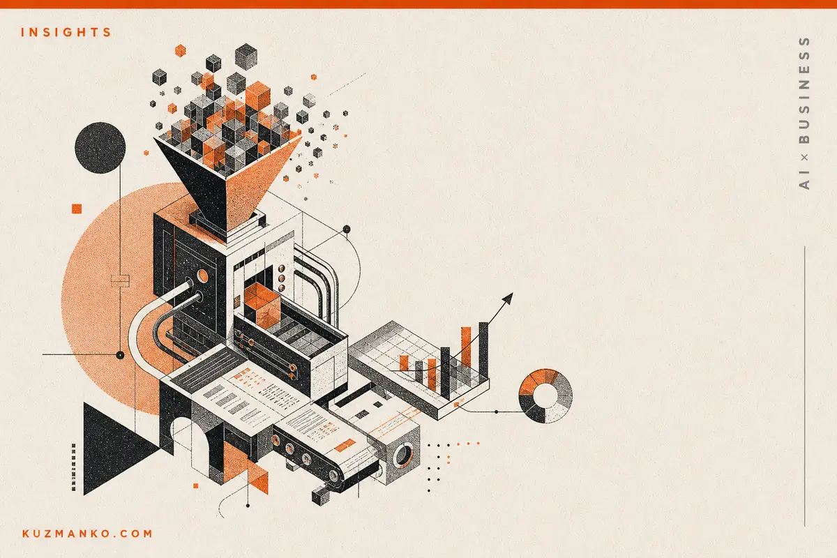 Abstract risograph-style business AI automation illustration with geometric data forms on a warm off-white background, leaving space for Hebrew headline text.