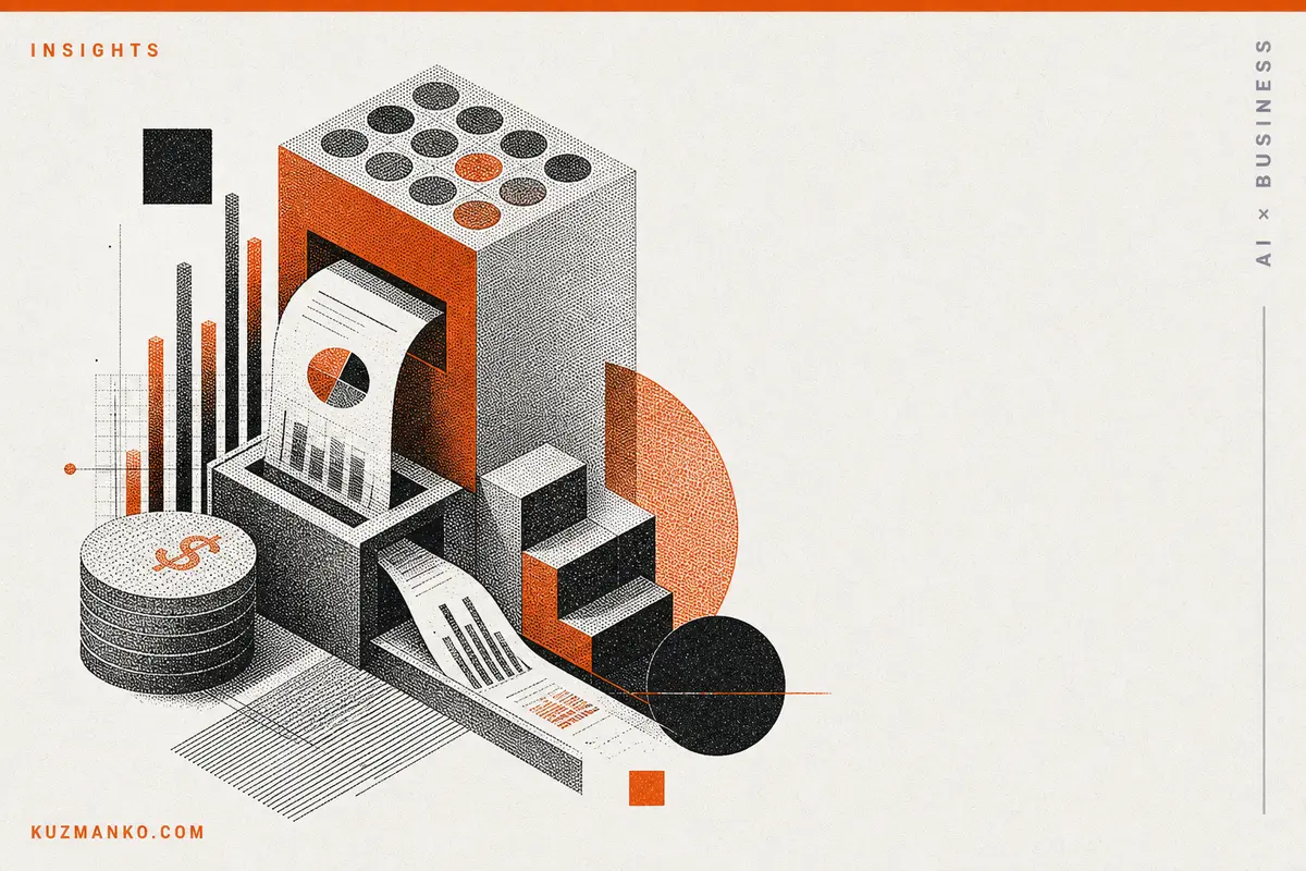 Minimalist risograph-style business AI investment illustration with charts, stacked finance symbols, and orange-black geometric elements on a clean editorial background.