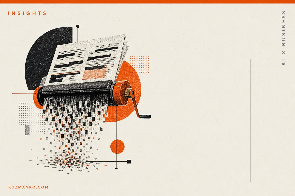Editorial risograph illustration of a shredded data archive with sealed document fragments and geometric analysis shapes, symbolizing AI data deletion, privacy, and GDPR compliance.