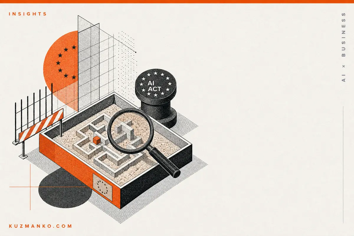 Editorial risograph illustration of a regulatory AI sandbox with geometric testing chambers, orange and black Bauhaus forms, and clean space for Hebrew blog text.