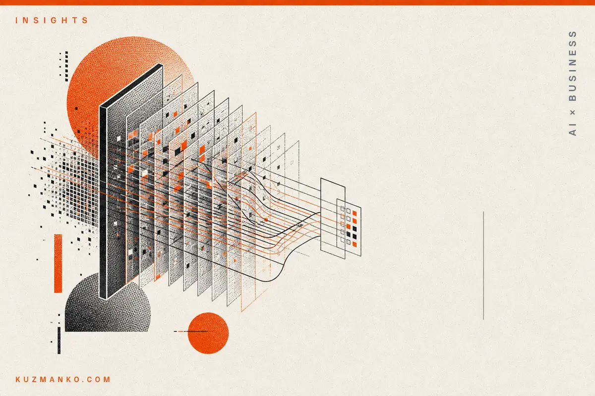 Editorial risograph-style illustration of an abstract sparse attention data structure, with a detailed off-center modular network on a warm off-white background and clean negative space for Hebrew text.