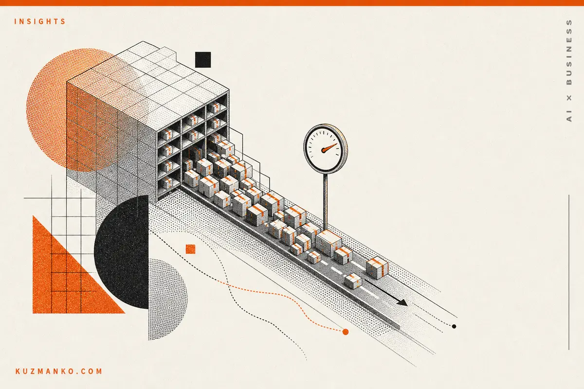 Risograph-style editorial cover of an AI logistics concept, showing a detailed orange-and-black system of connected delivery modules and geometric pathways on a clean off-white background.