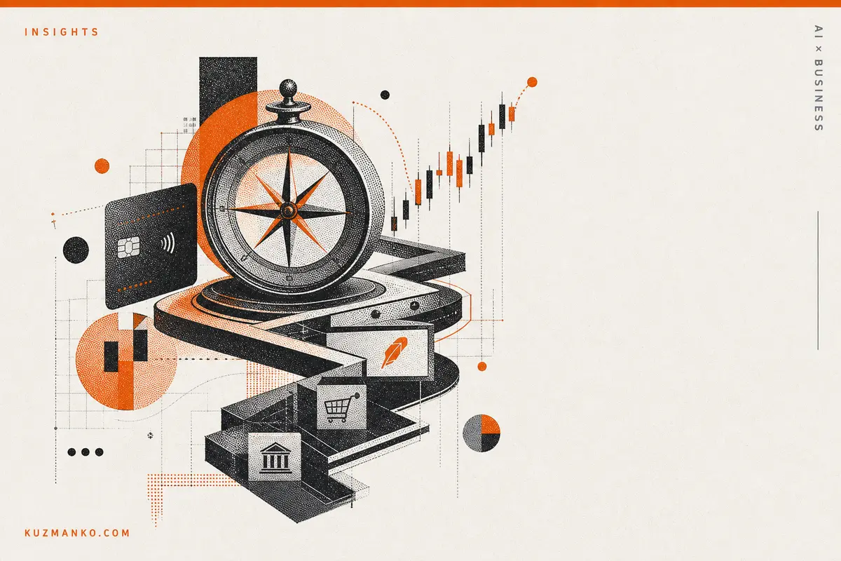 Editorial risograph illustration of AI-powered stock trading with geometric financial elements and a virtual card on a clean modern business cover.
