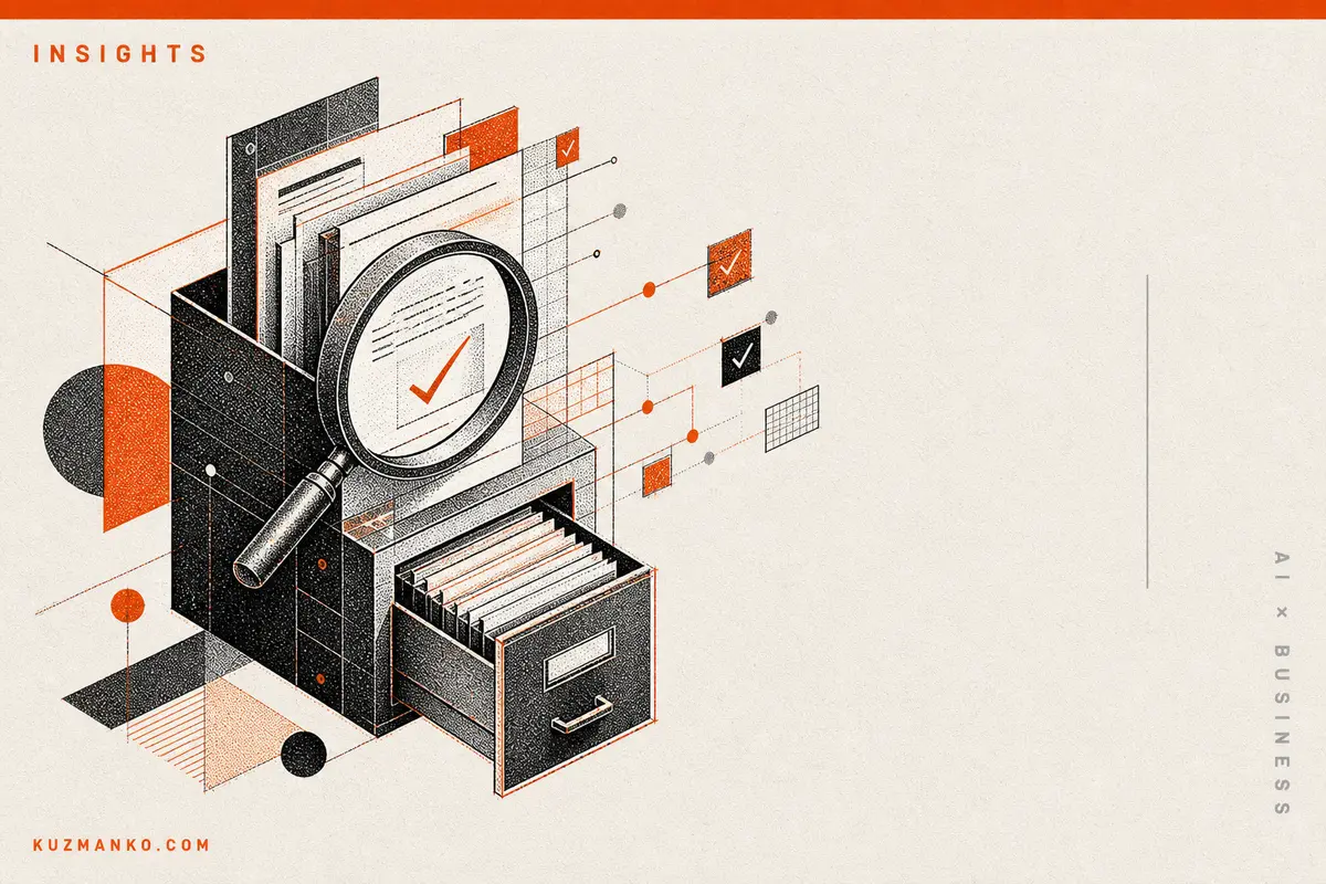 Premium editorial illustration of Gemini Enterprise agentic RAG solving enterprise AI reliability with abstract geometric data forms and bold orange-black risograph textures.