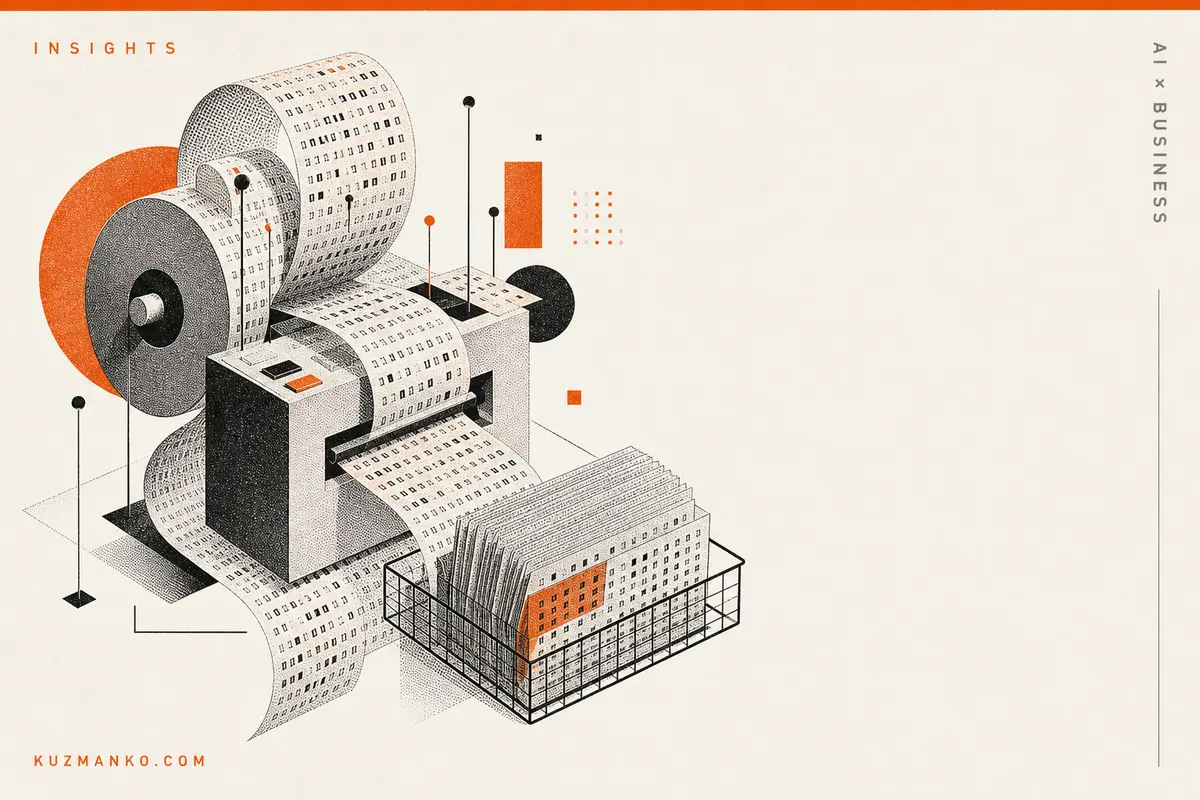 Editorial risograph illustration of a memory-efficient robot policy engine as a modular mechanical archive, with bold orange and black geometric forms on a warm off-white background.