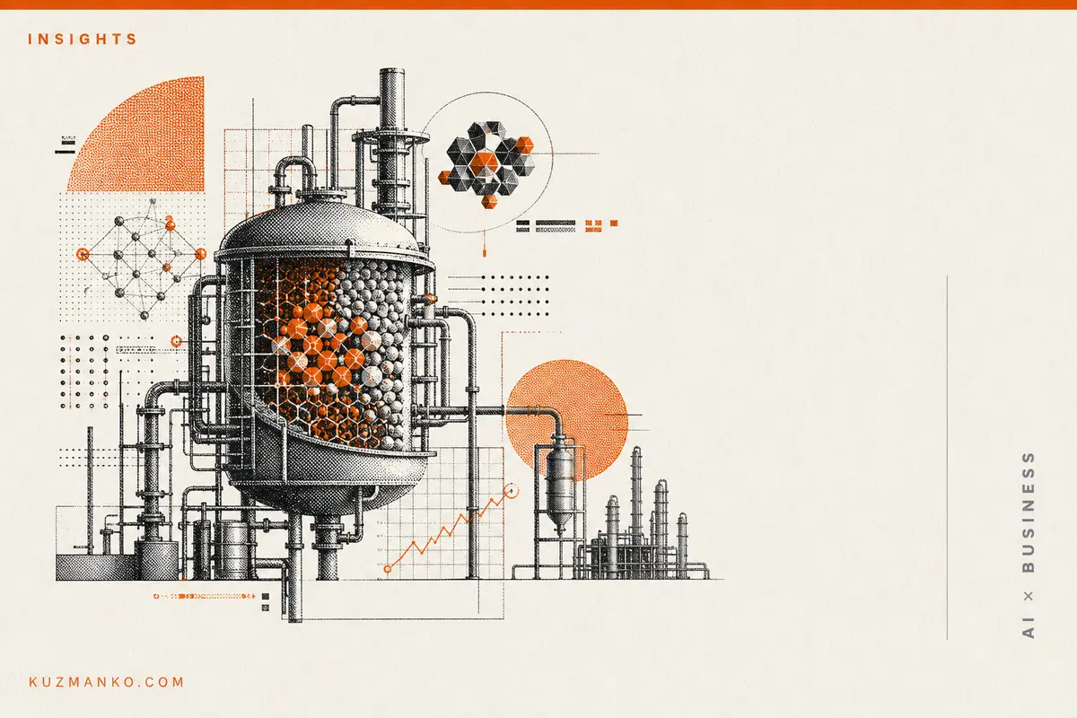 Editorial risograph-style illustration of AI agents accelerating catalyst discovery, featuring a detailed industrial lab-meets-geometry motif on a warm off-white background.