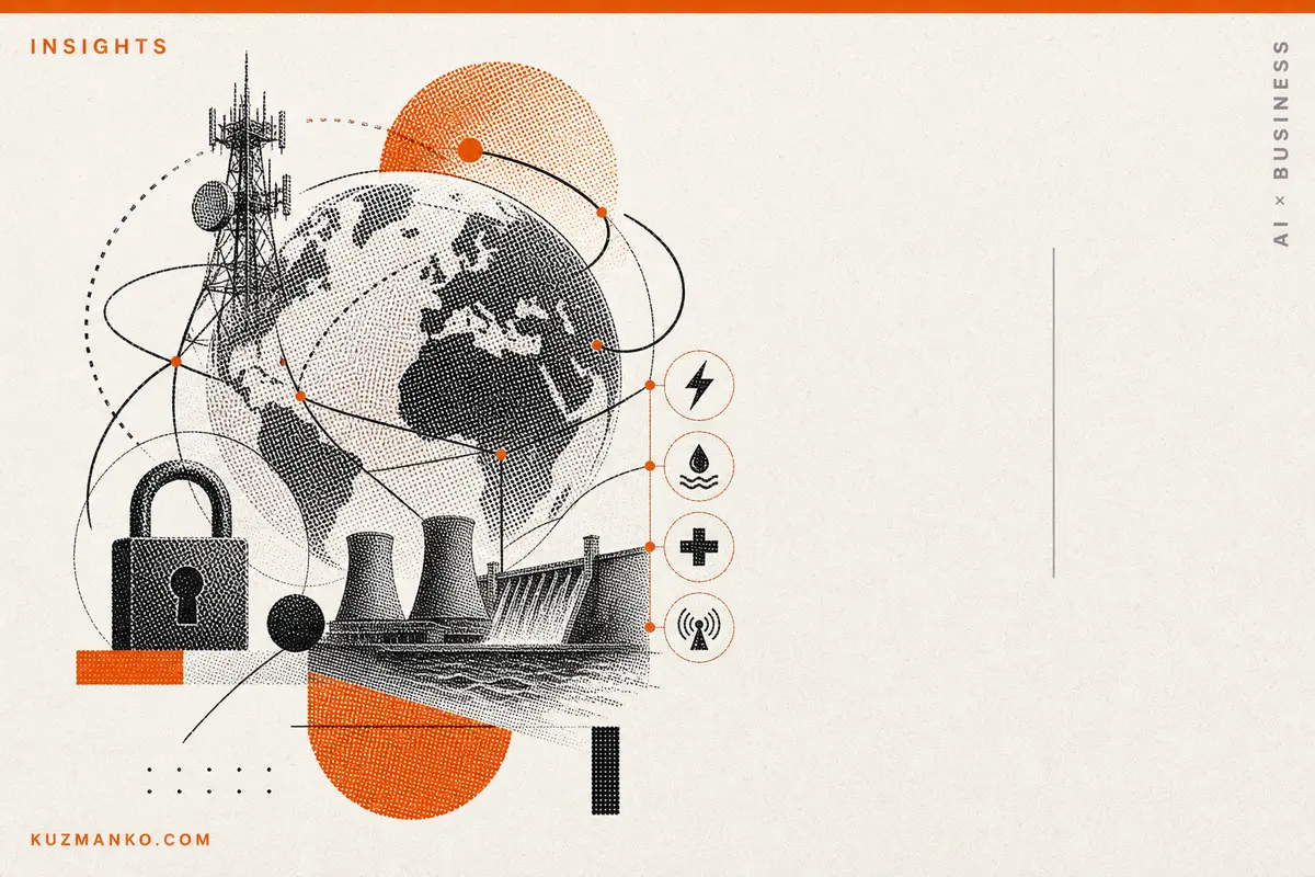 Editorial risograph illustration of a cyber-secure critical infrastructure shield expanding across multiple countries, with Bauhaus geometry on a warm off-white background.