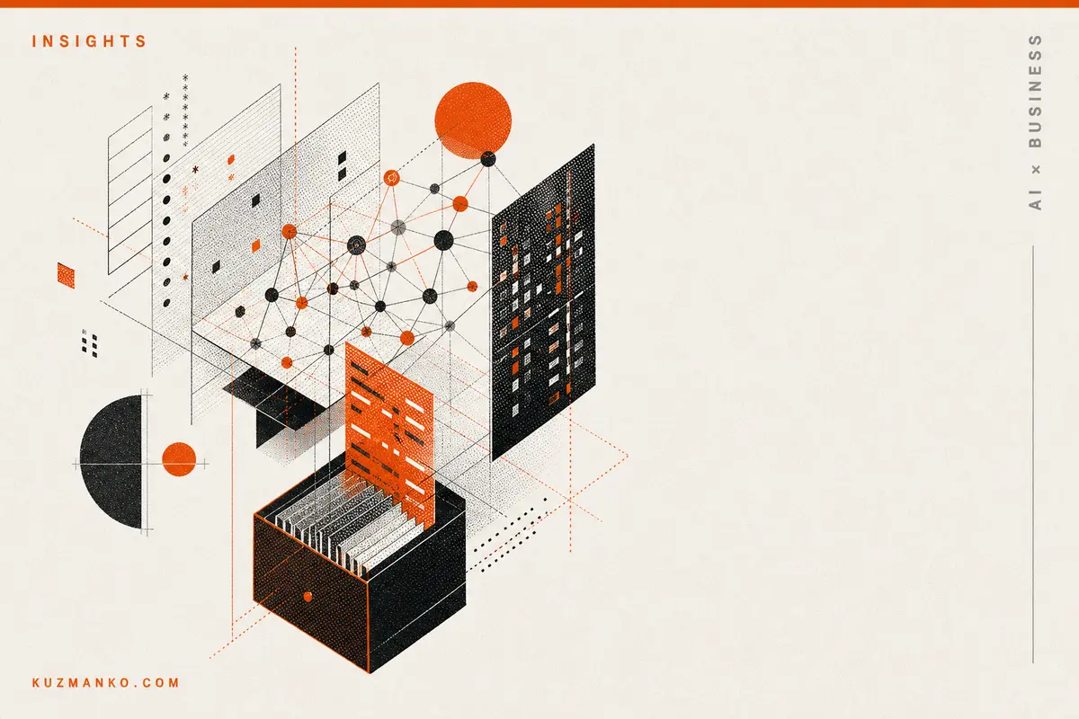 Editorial risograph illustration of AWS Context linking enterprise data into a managed knowledge graph for AI agents, with geometric Bauhaus elements and clean Hebrew blog cover space.
