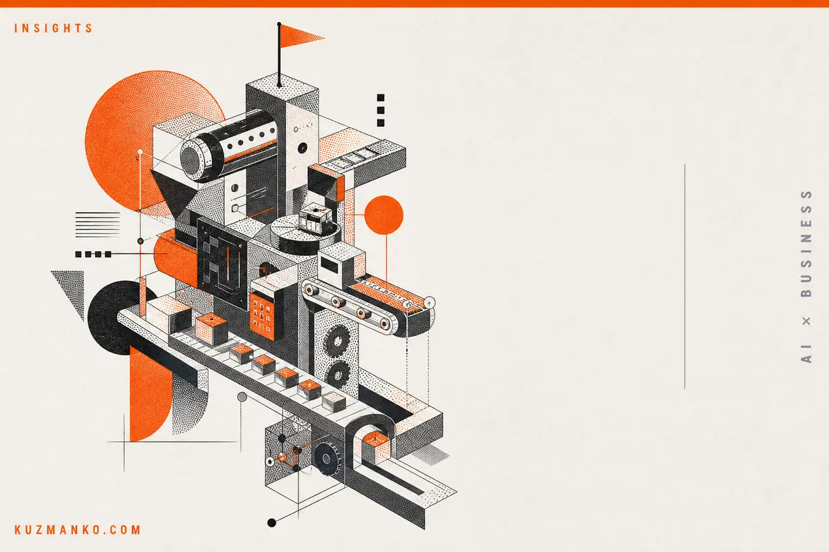 Editorial risograph-style cover illustration of a compact software delivery machine metaphor, with geometric modular components and orange-black halftone texture on a warm off-white background.