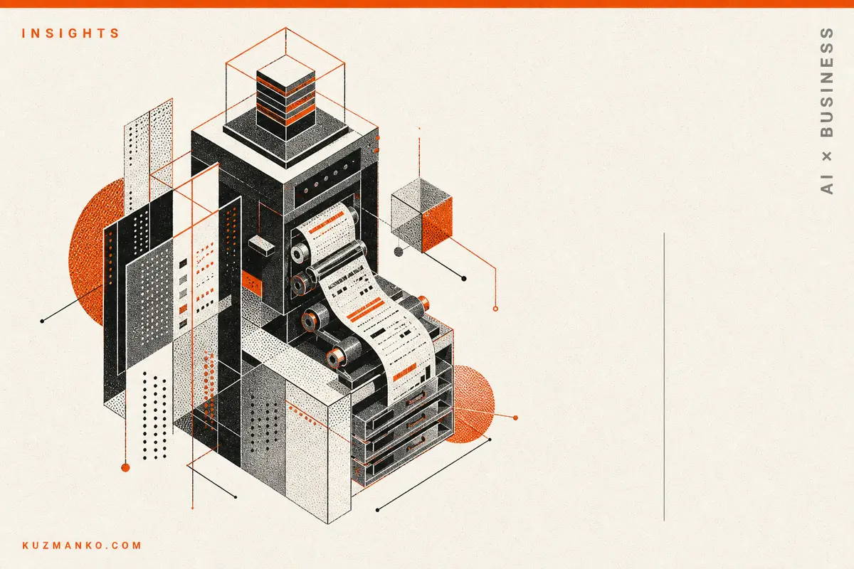Editorial risograph cover illustration of a local AI LLM infrastructure concept, with an intricate modular machine and geometric elements on a warm off-white background.