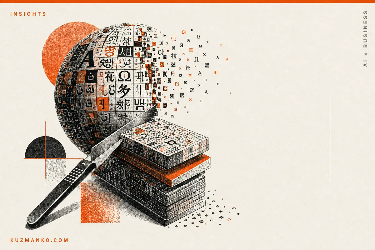 Minimalist risograph cover illustration of a trimmed multilingual AI model as a geometric paper-cut word block with orange and black halftone accents, set on a warm off-white background for a premium business consulting blog.