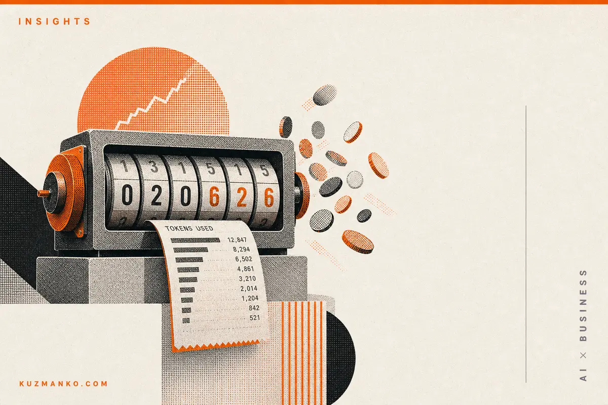 Editorial risograph illustration of a token-priced GitHub Copilot cost chart with a rising orange meter and geometric business shapes on a pale orange background.