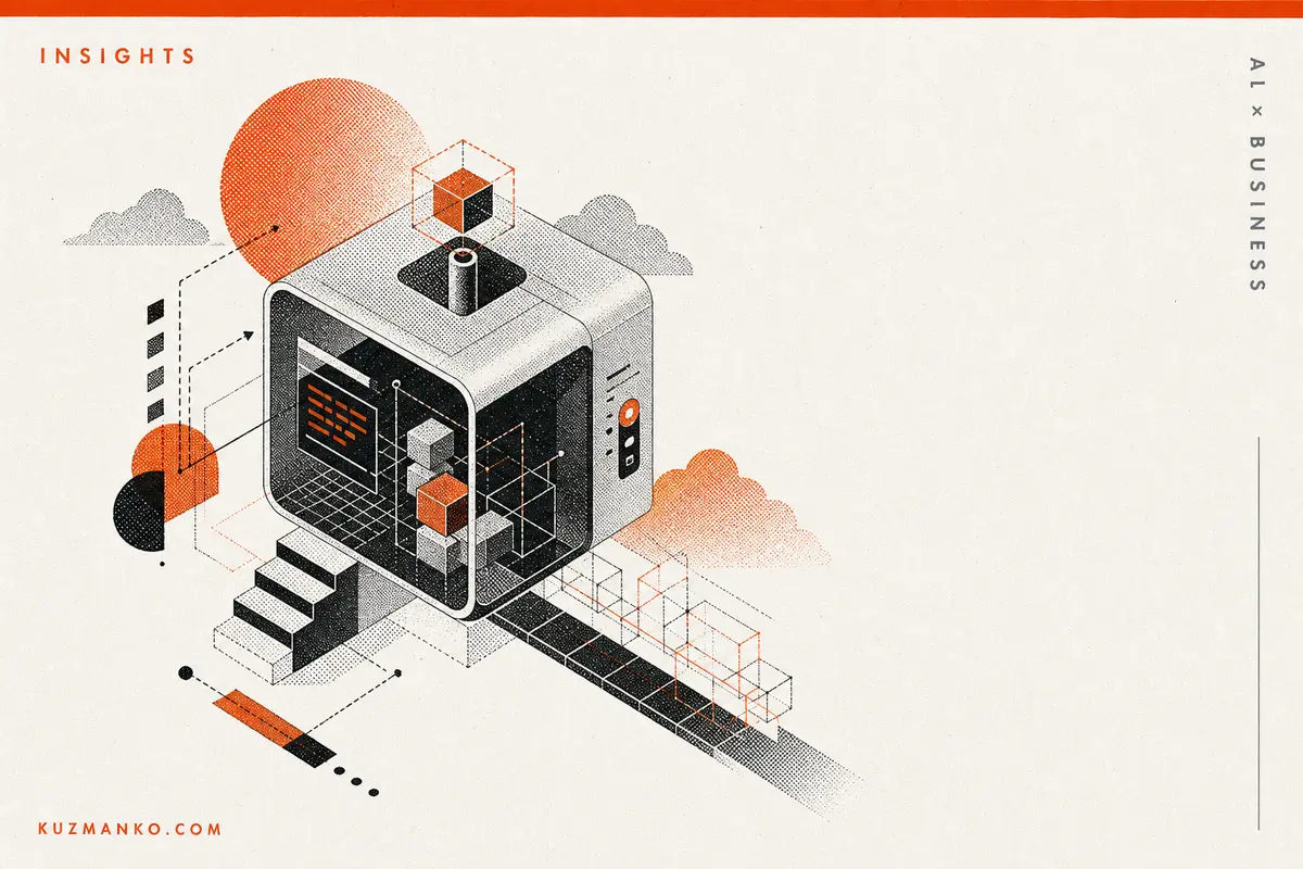 Editorial risograph illustration of a cloud-based AI software development platform with abstract geometric modular forms and clean negative space.