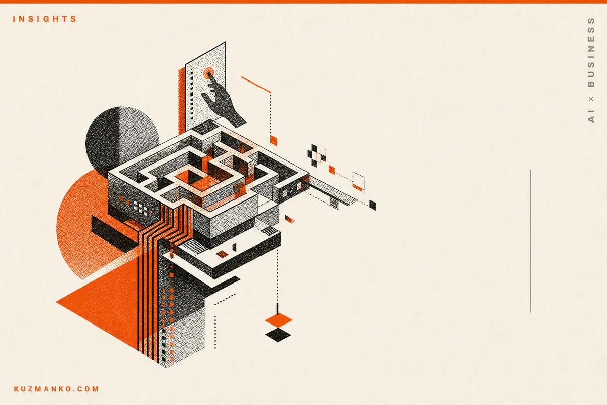 Editorial risograph-style cover illustrating AI-driven cyber threats as a detailed abstract security control system with orange and black geometric elements on a pale orange background.