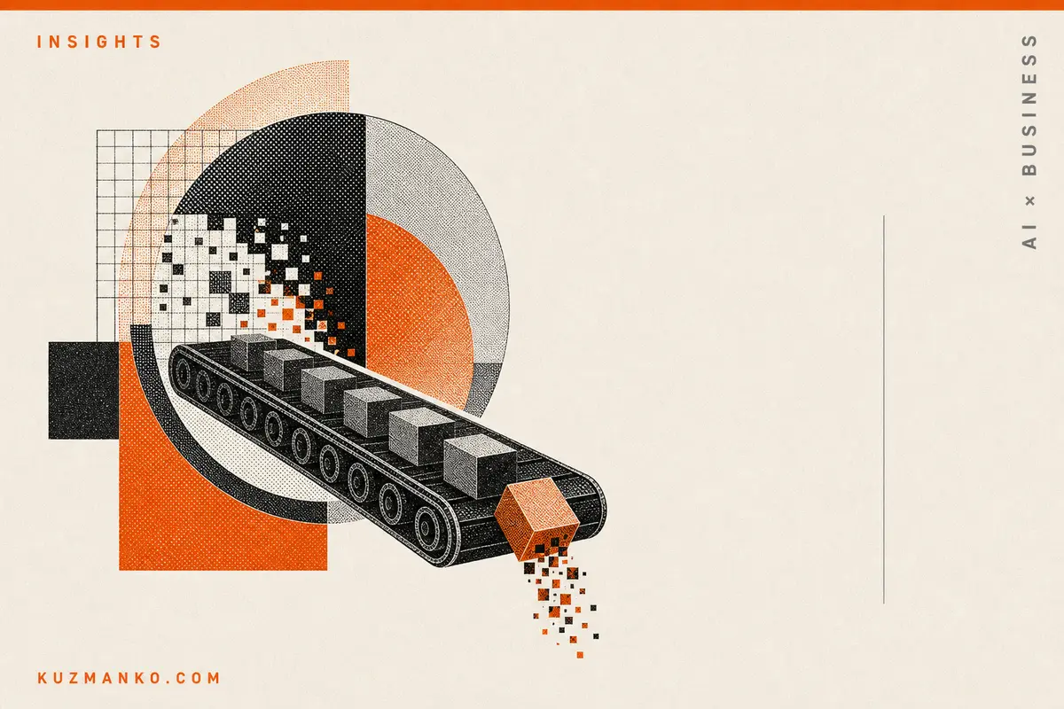 Editorial risograph-style illustration of AI-driven layoffs, showing a detailed abstract mechanism compressing workforce figures with clean Hebrew blog cover layout.
