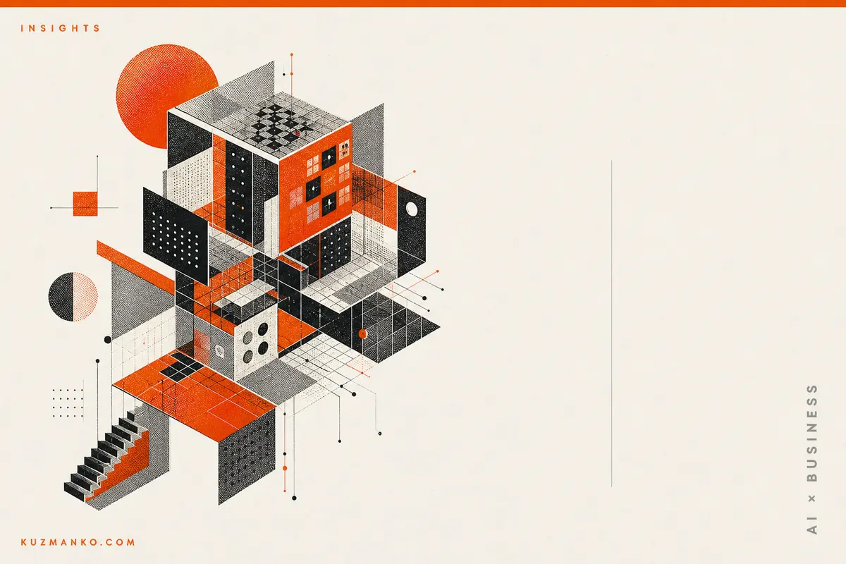 Editorial hero image of Samsung enterprise AI adoption, with a premium risograph-style geometric business metaphor and clean negative space for Hebrew blog text.