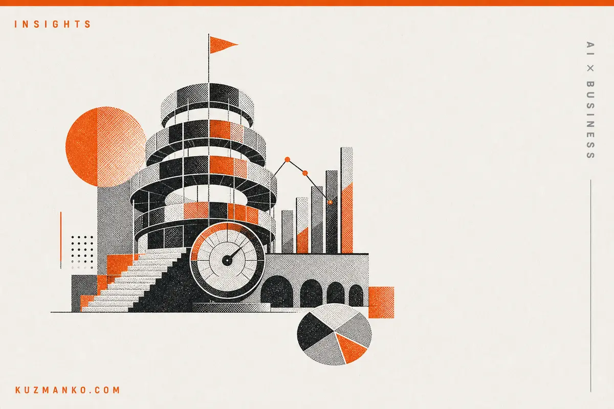 Editorial risograph illustration of a detailed credit scoring scale with data blocks and geometric charts on a warm off-white background, symbolizing AI-driven credit rating transparency and stability.