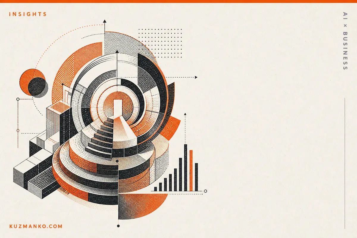 Editorial risograph-style cover illustrating an off-center abstract geometric structure symbolizing human-guided AI improvement and better business results.