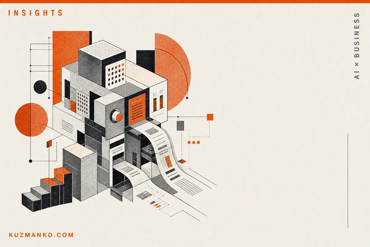 Editorial risograph-style cover illustration of Claude AI enterprise deployment in a premium business consulting design, featuring geometric workflow architecture and clean space for Hebrew text.