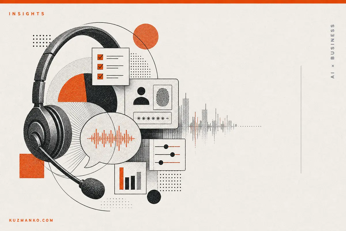 Editorial risograph-style blog cover illustrating AI voice agent benchmarking with geometric business process forms, black and orange on warm off-white.