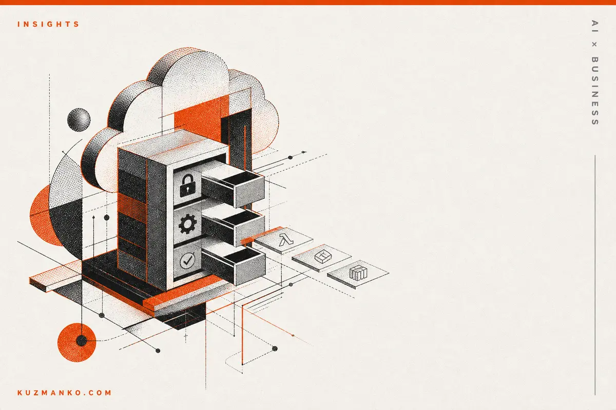 Editorial risograph-style illustration of an AWS cloud toolkit transforming AI code agents into reliable cloud engineers, with geometric orange and black forms on a clean off-white background.