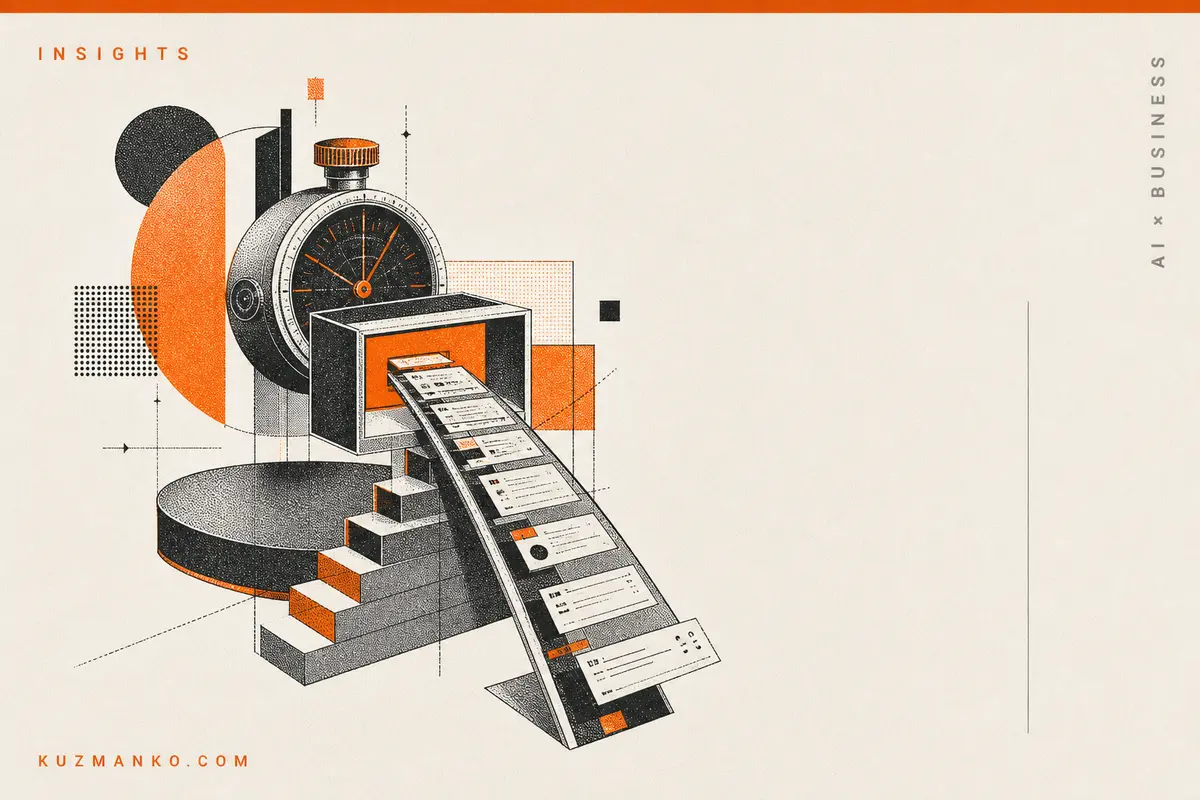 Editorial risograph-style blog cover showing a detailed abstract bridge of code blocks and client request forms transforming into a working product preview, with clean Hebrew text space on the right.