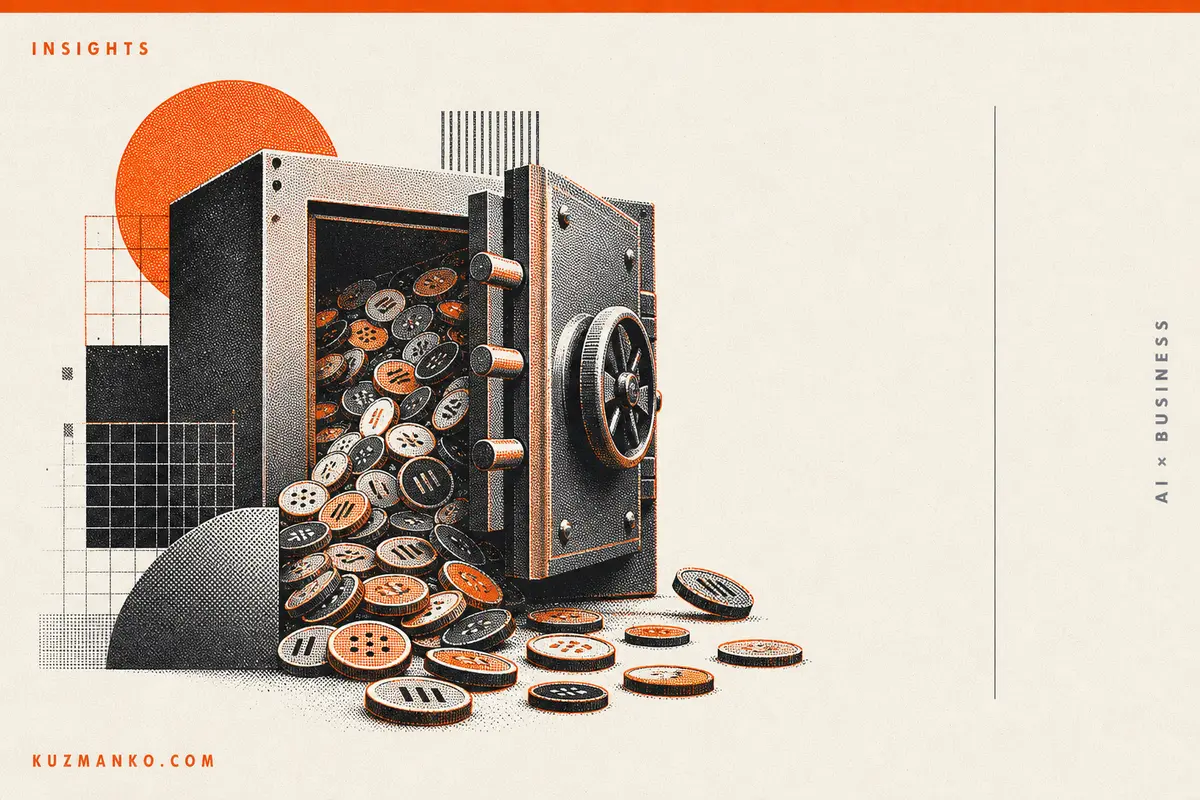 Editorial risograph illustration of a token budget gauge spilling costly orange tokens on a clean black-and-white business cover.
