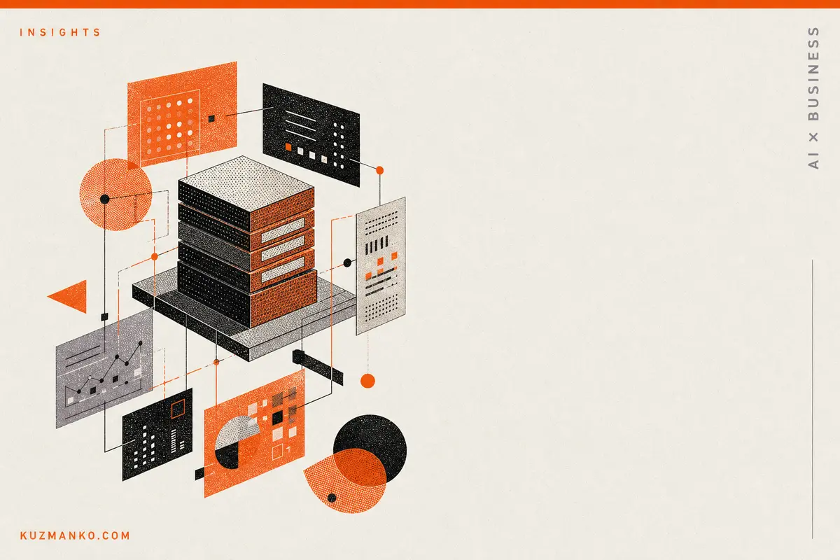 Abstract risograph-style API documentation concept with connected geometric forms, black and orange textures, and open space for Hebrew blog text.