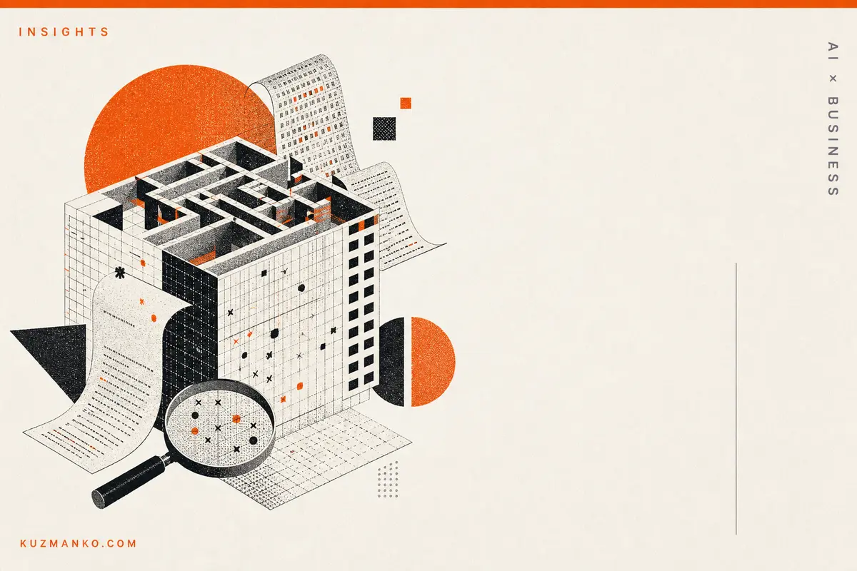 Editorial risograph cover illustration of an abstract optimization machine with scattered data blocks and geometric elements on a clean minimalist background.