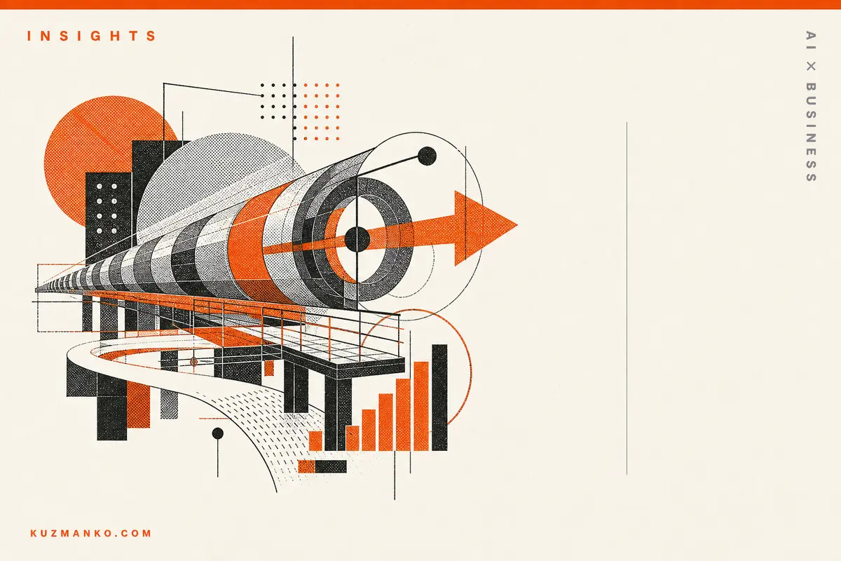 Minimalist risograph-style MLOps architecture illustration with AI data pipelines and geometric business elements in black and orange.
