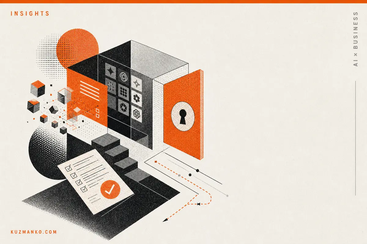 Editorial risograph illustration of employees adopting shadow AI tools, with a premium geometric metaphor for unauthorized AI governance and controlled innovation in business.