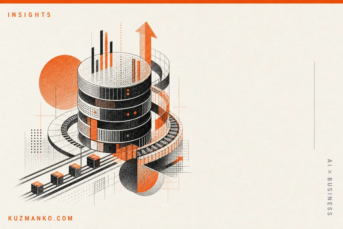 Editorial risograph-style cover art of ClickHouse growth to $250M revenue, with a detailed geometric data structure and ample negative space for Hebrew headline.