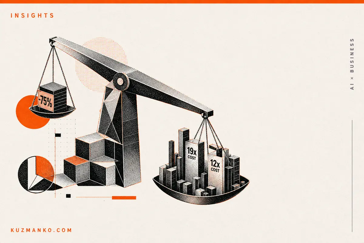 Stylized risograph editorial illustration of a DeepSeek price-cutting concept, featuring an intricate geometric value-to-performance mechanism in orange, black, and gray on a clean minimal background.