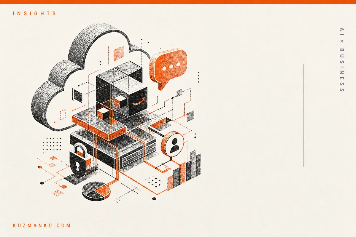 Editorial risograph illustration of cloud infrastructure automation with a secure API command bridge and natural-language AI workflow, in premium black and orange.