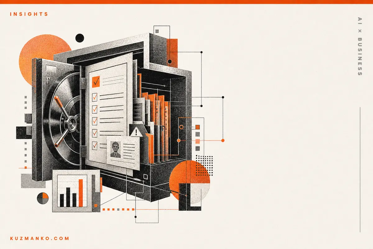 Abstract risograph illustration of a secure financial compliance workflow with connected audit modules and data flows.
