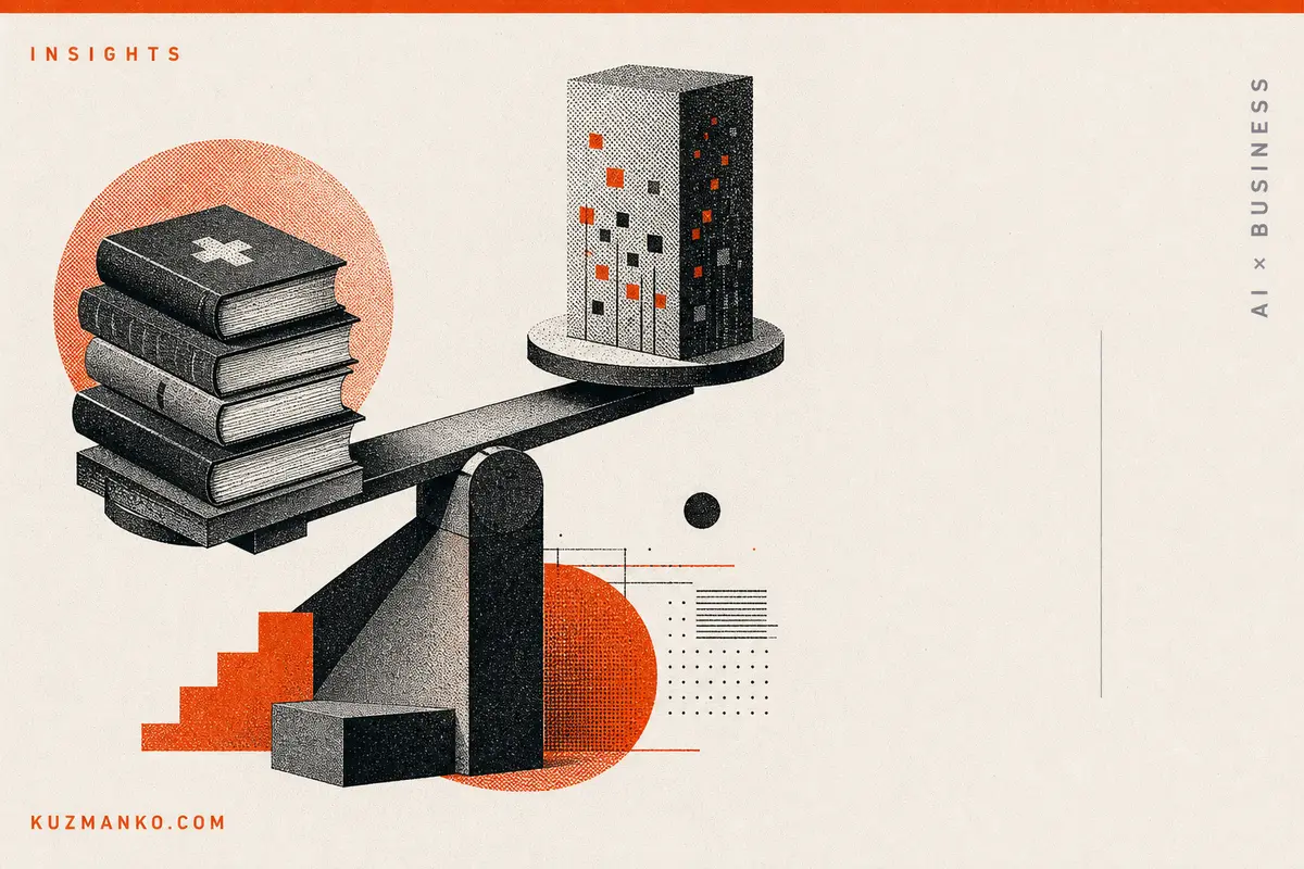 Editorial risograph-style AI medical consulting concept with abstract clinical and generic model comparison imagery, bold orange and black geometric forms, and clean negative space for Hebrew text.