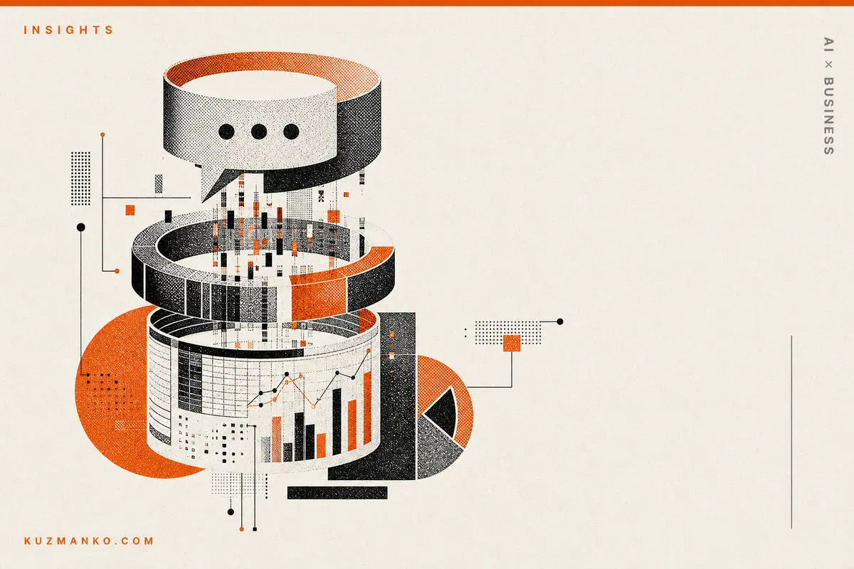Editorial risograph cover showing a hybrid AI business consulting concept with abstract data charts and geometric forms on a warm off-white background.