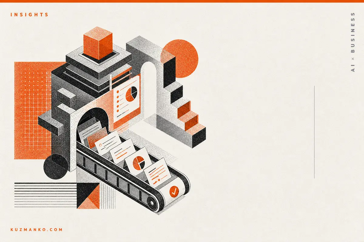 Editorial risograph illustration of OpenAI Codex as a modular productivity engine for knowledge workers, with abstract geometric business elements on a warm off-white background.